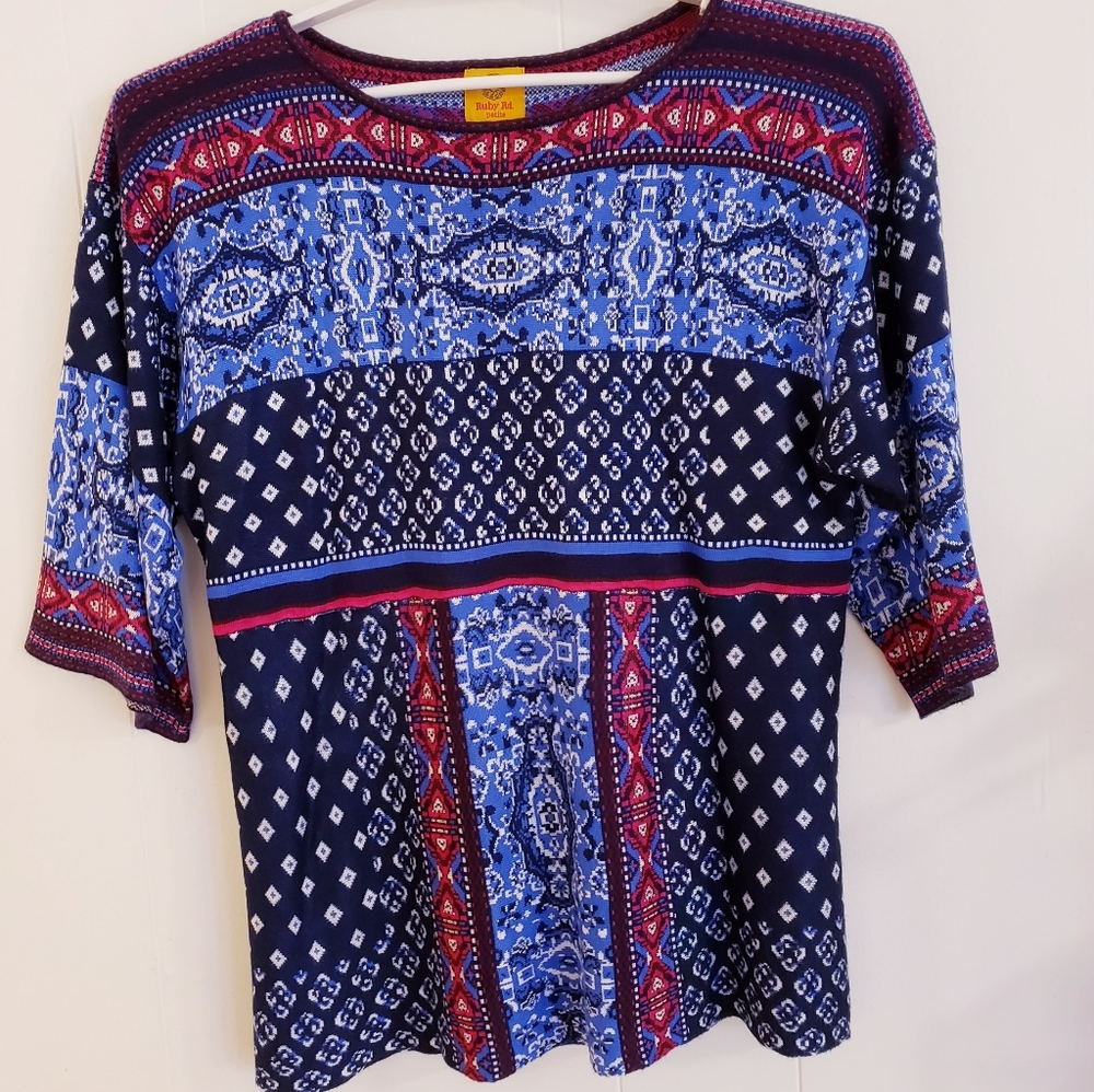 Ruby Rd. Petite Women Sweater Size PXL Blue Pink Nordic 1/2 Sleeve